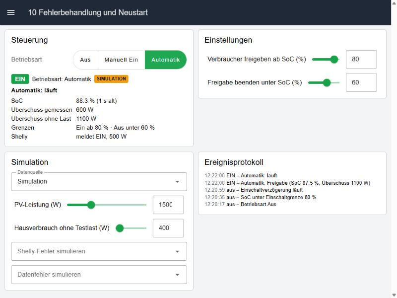 Dashboard des Praxisprojekts im Zustand EIN